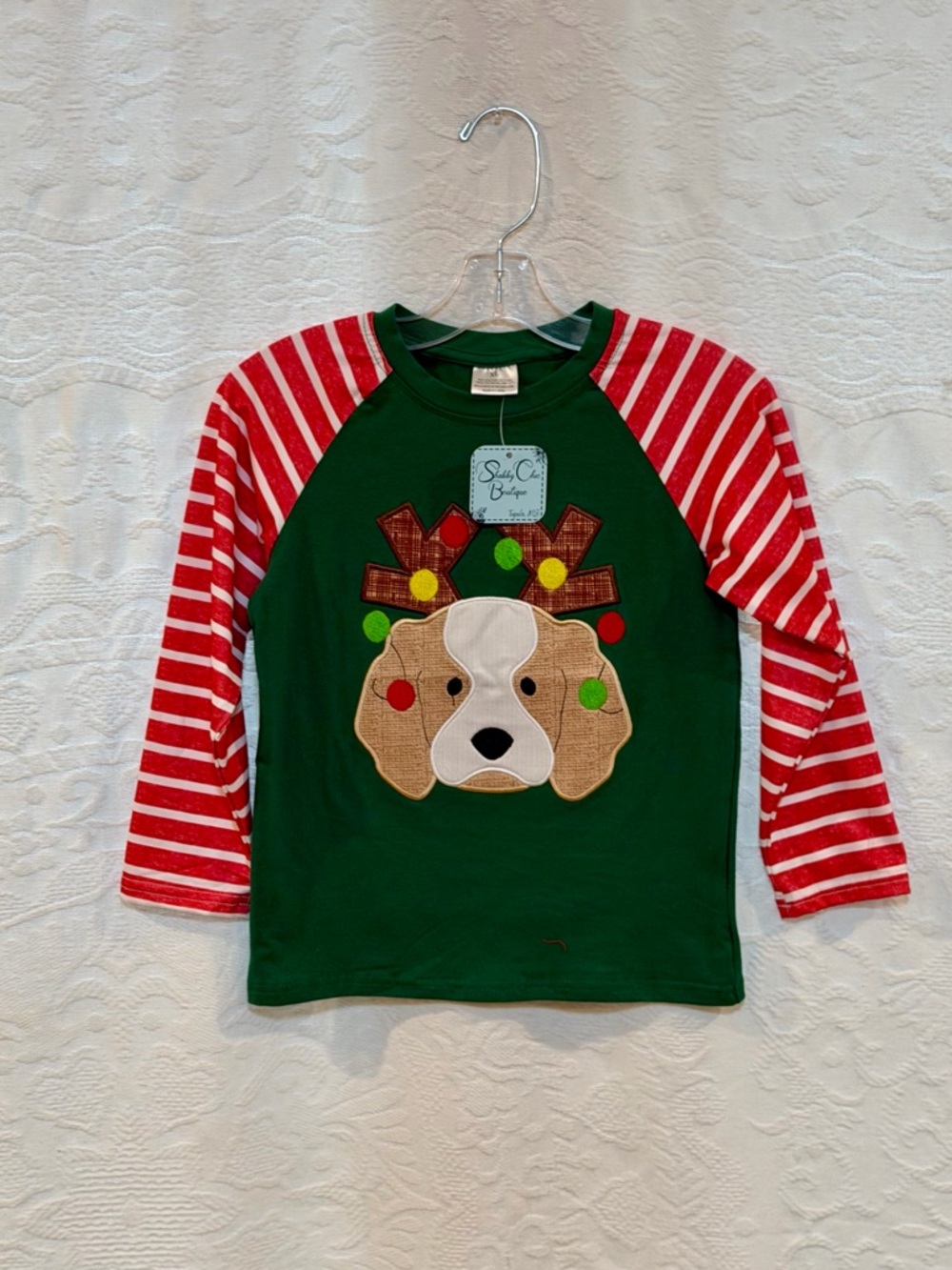 Shabby Chic Green Raglan Tee with Red & White Striped Sleeves